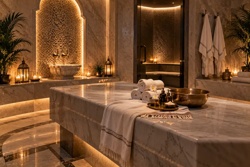 Marble hammam room for the Moroccan bath