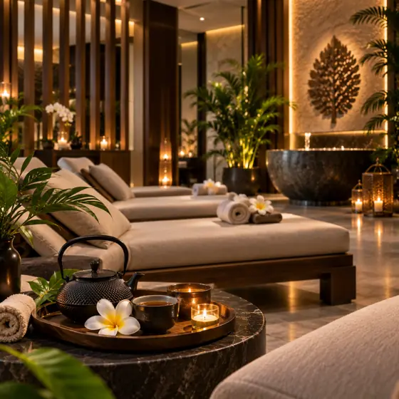Relaxation area with tea set at the spa